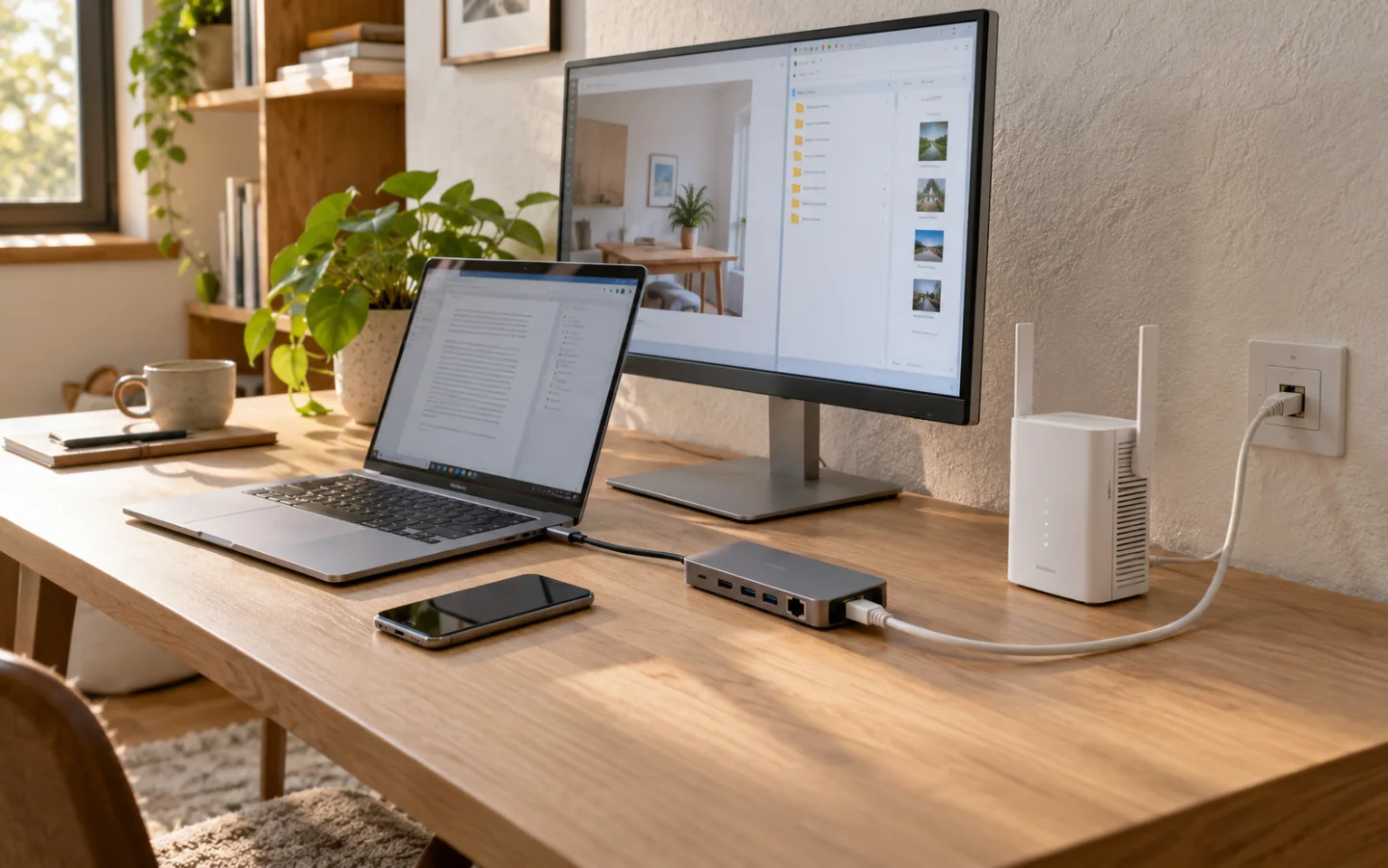 住宅电脑旁的USB-C扩展坞、网线与墙面网络接口