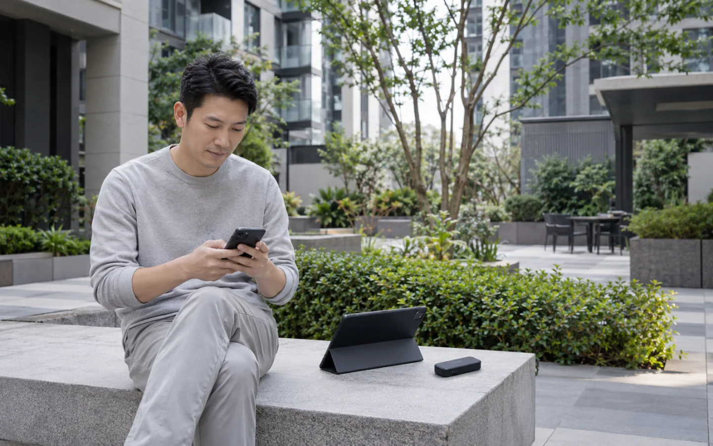 社区内庭中使用手机的成年人,身旁放有平板与便携热点