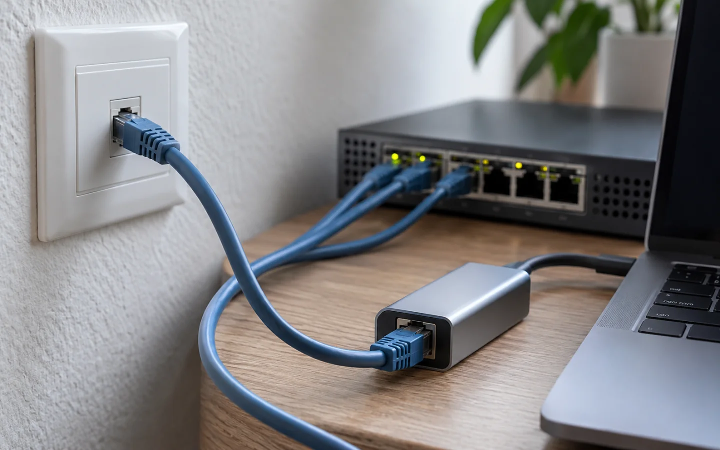 墙面RJ45接口、网线与笔记本旁的USB-C转网口